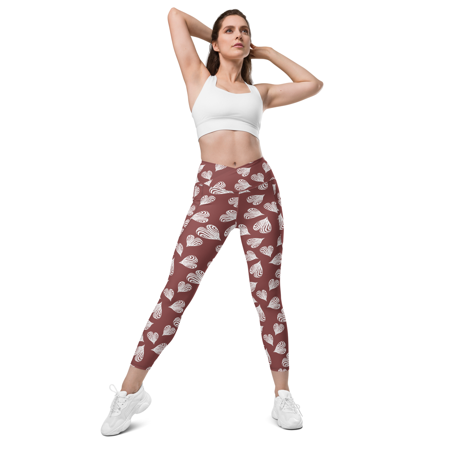 Leaf Red - Recycled Crossover leggings with pockets