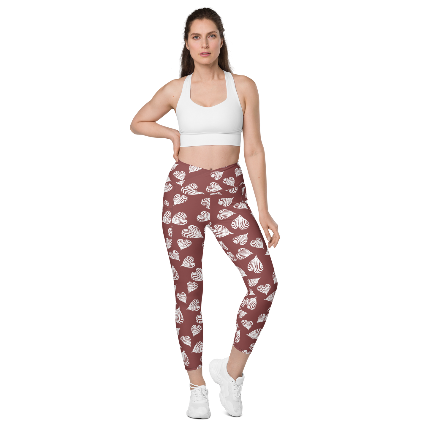 Leaf Red - Recycled Crossover leggings with pockets