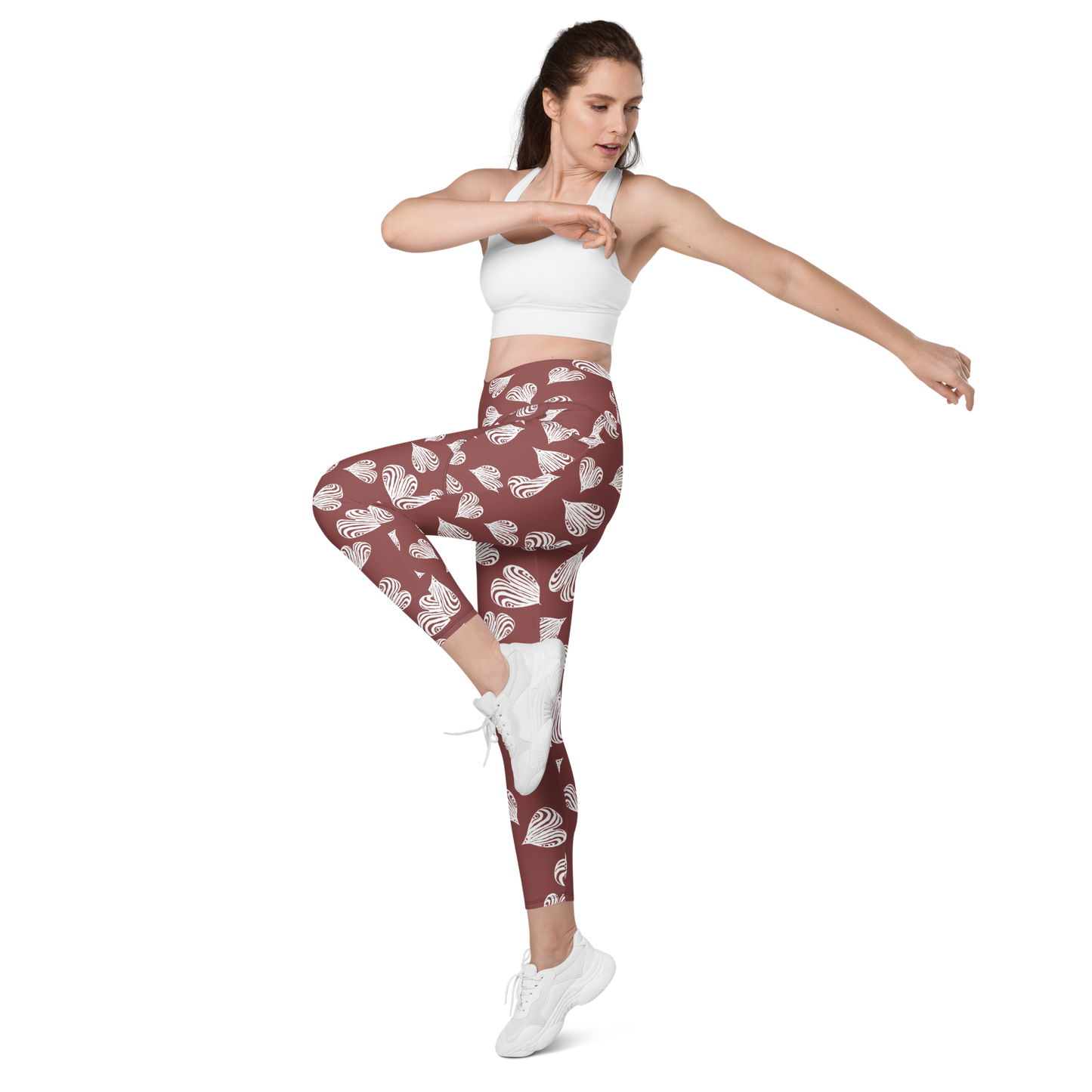 Leaf Red - Recycled Crossover leggings with pockets