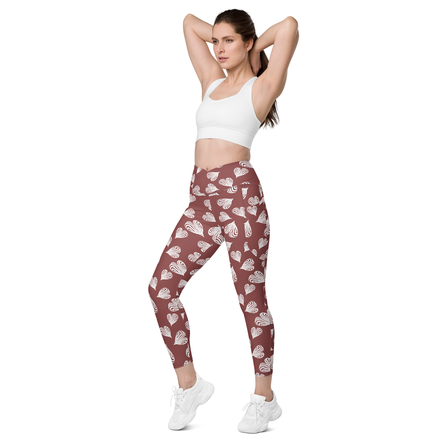 Leaf Red - Recycled Crossover leggings with pockets