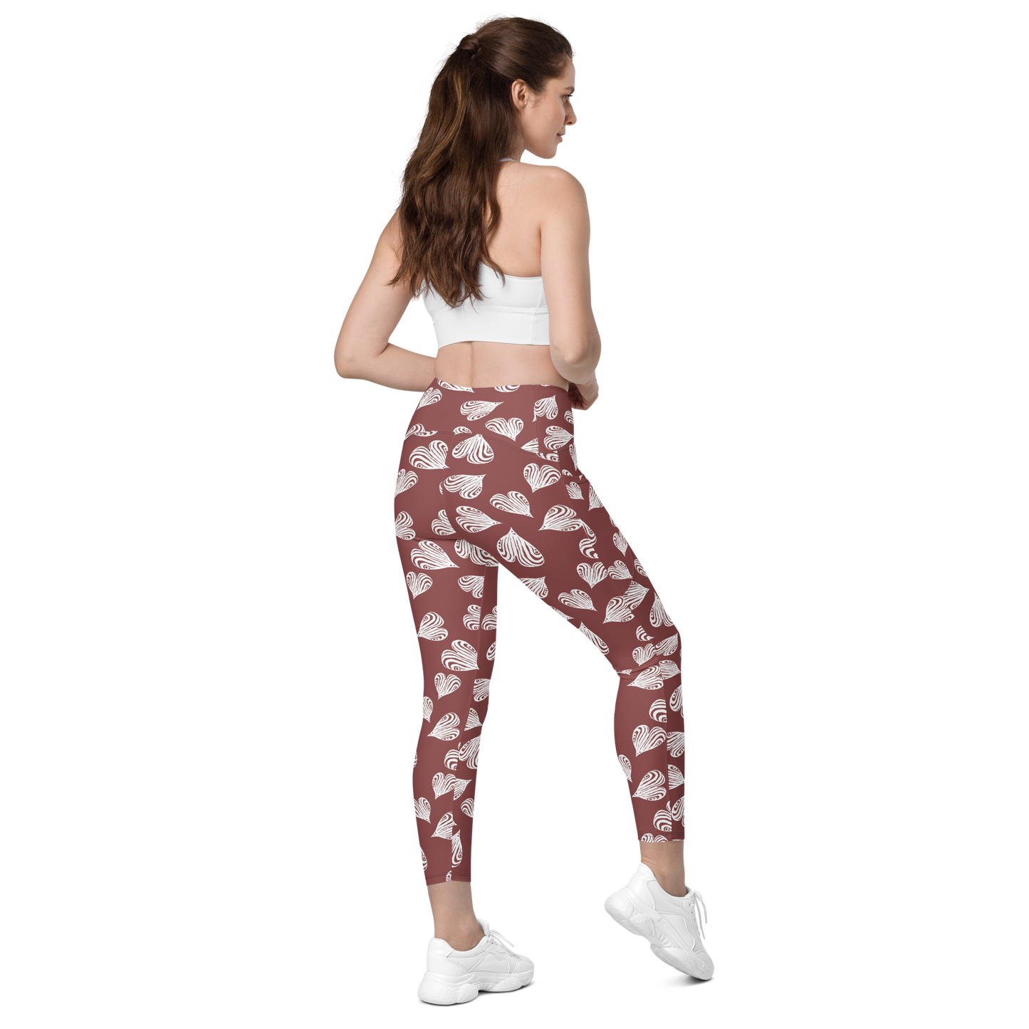 Leaf Red - Recycled Crossover leggings with pockets