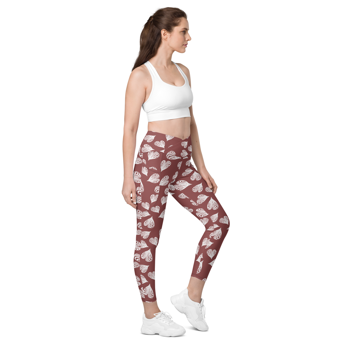 Leaf Red - Recycled Crossover leggings with pockets